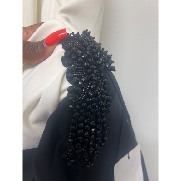 Plus Size Black & White Sleeveless Draped Dress With Beaded Detail Elegant Midi - Picture 3 of 9